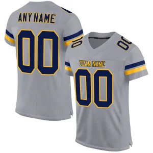 Custom Light Gray Navy-Gold Mesh Authentic Football Jersey