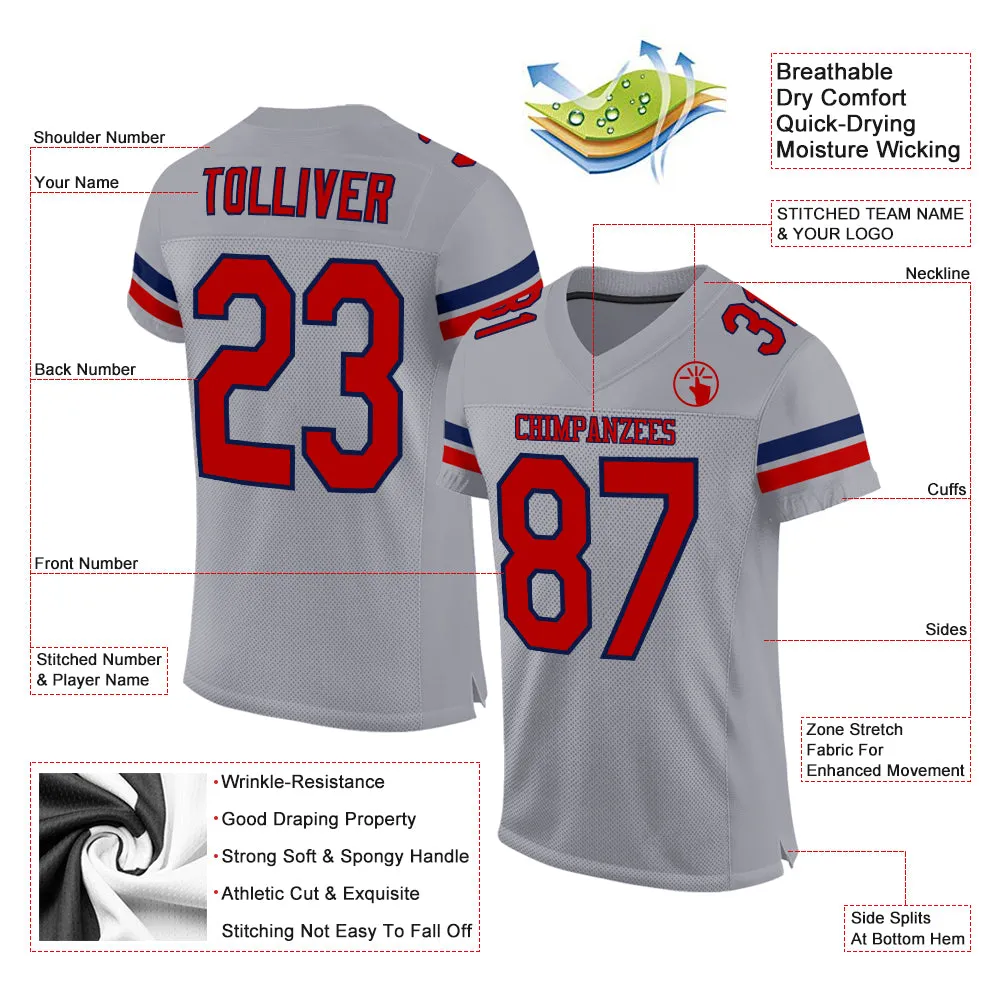 Custom Light Gray Red-Navy Mesh Authentic Football Jersey