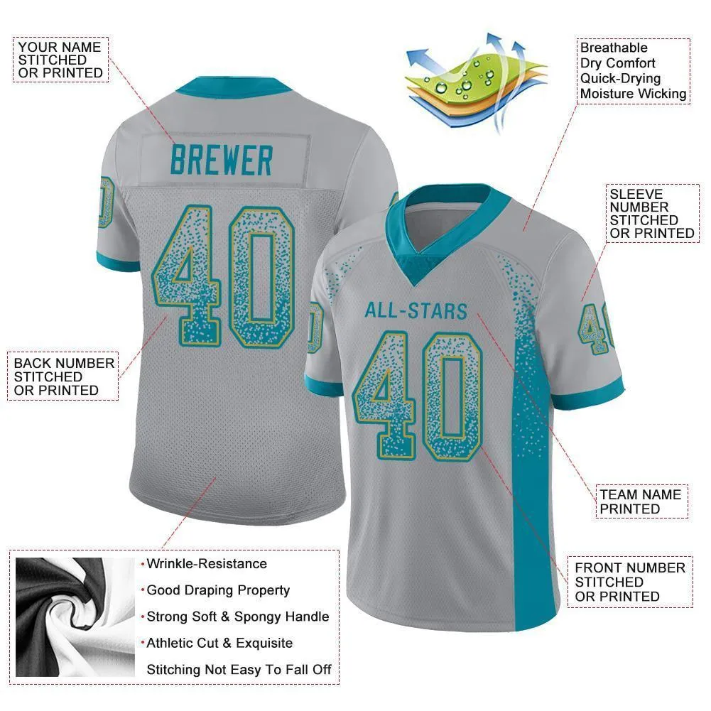 Custom Light Gray Teal-Old Gold Mesh Drift Fashion Football Jersey