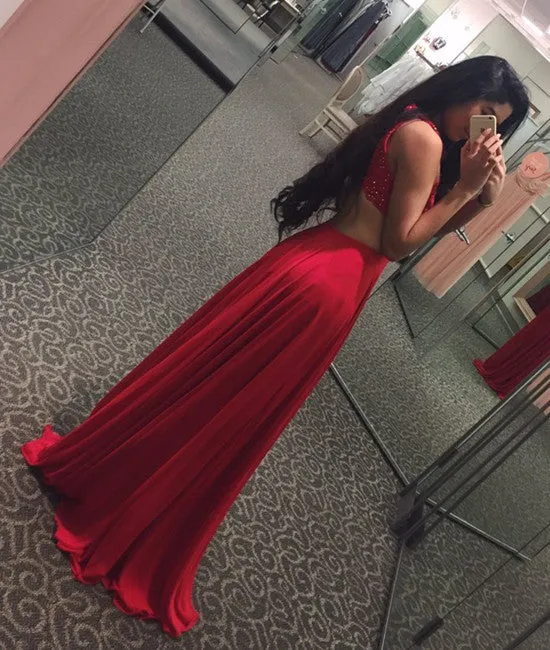 Custom Made Round Neck Beaded Red Prom Dresses, Red Beaded Evening Dresses