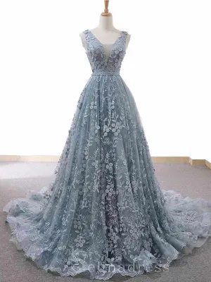 Custom Made V neck Dusty Blue Long Formal Gowns Sleeveless Evening Gowns With Floral Lace #SED213