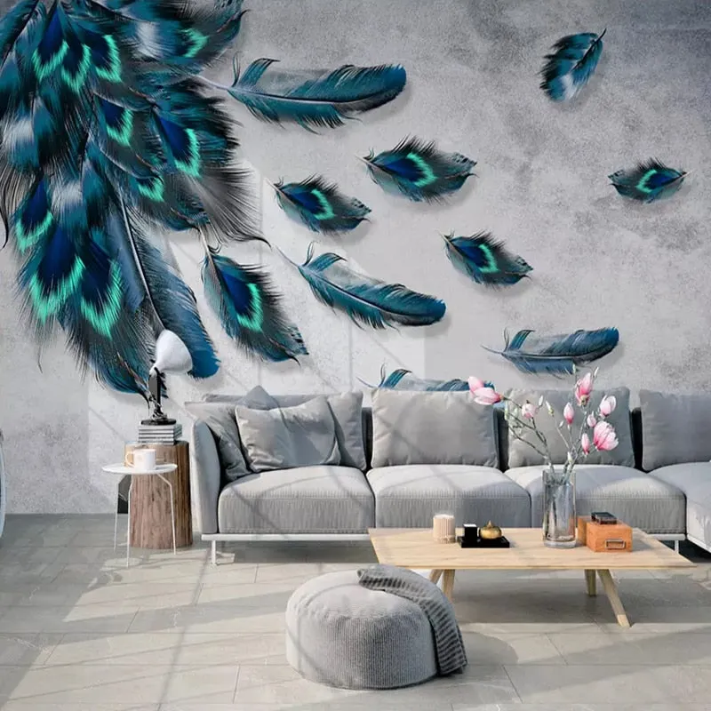 Custom Mural Wallpaper Fashion Colorful Hand Painted Feathers (㎡)