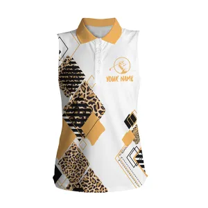 Custom Name Golf Gift For Women Polo Shirt, Colorful Women's Sleeveless Golf Polo White Shirt Leopard Pattern