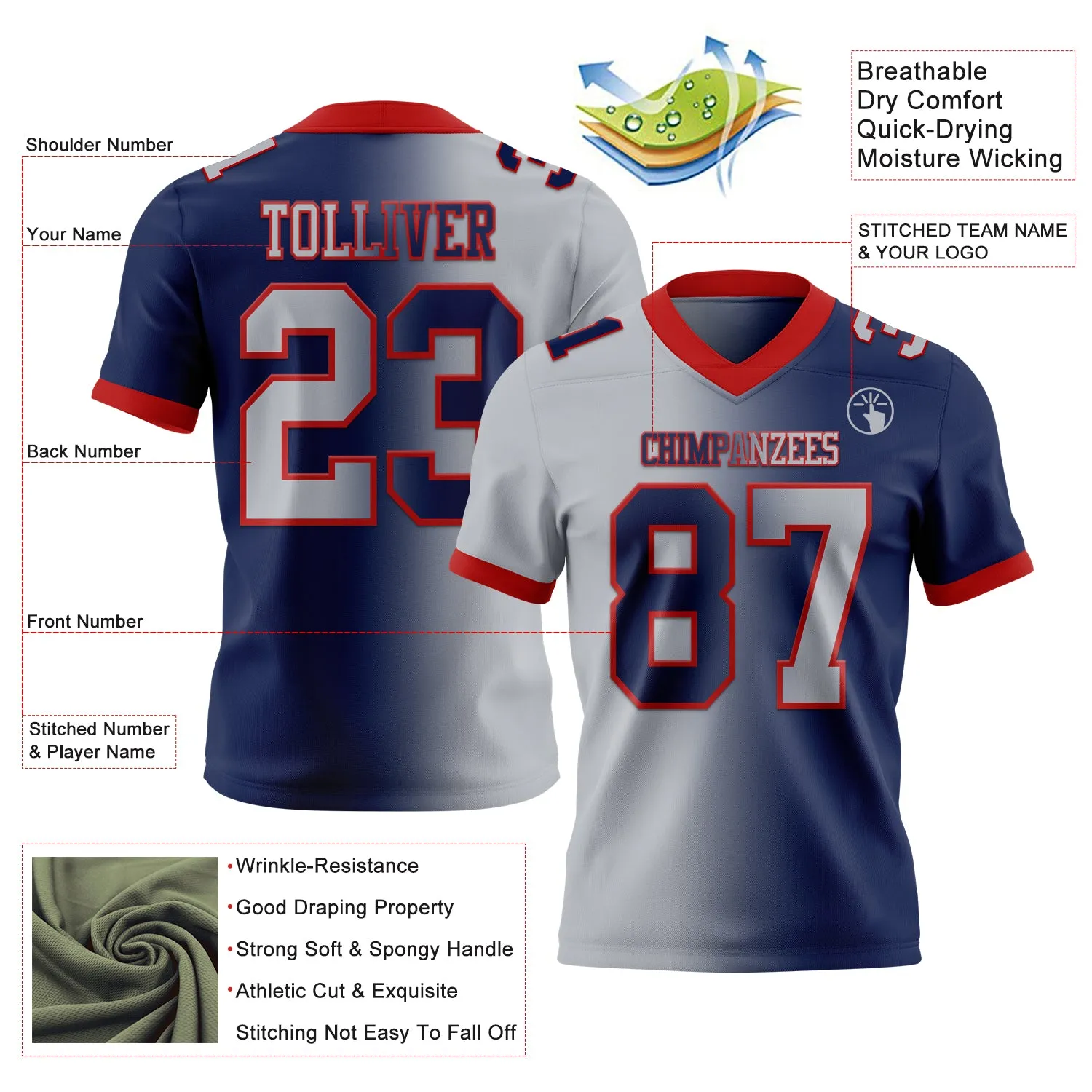 Custom Navy Gray-Red Mesh Authentic Gradient Fashion Football Jersey