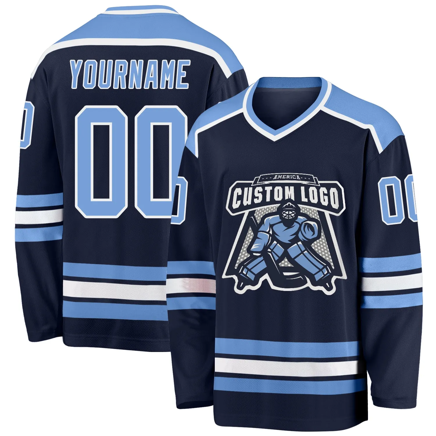 Custom Navy Light Blue-White Hockey Jersey