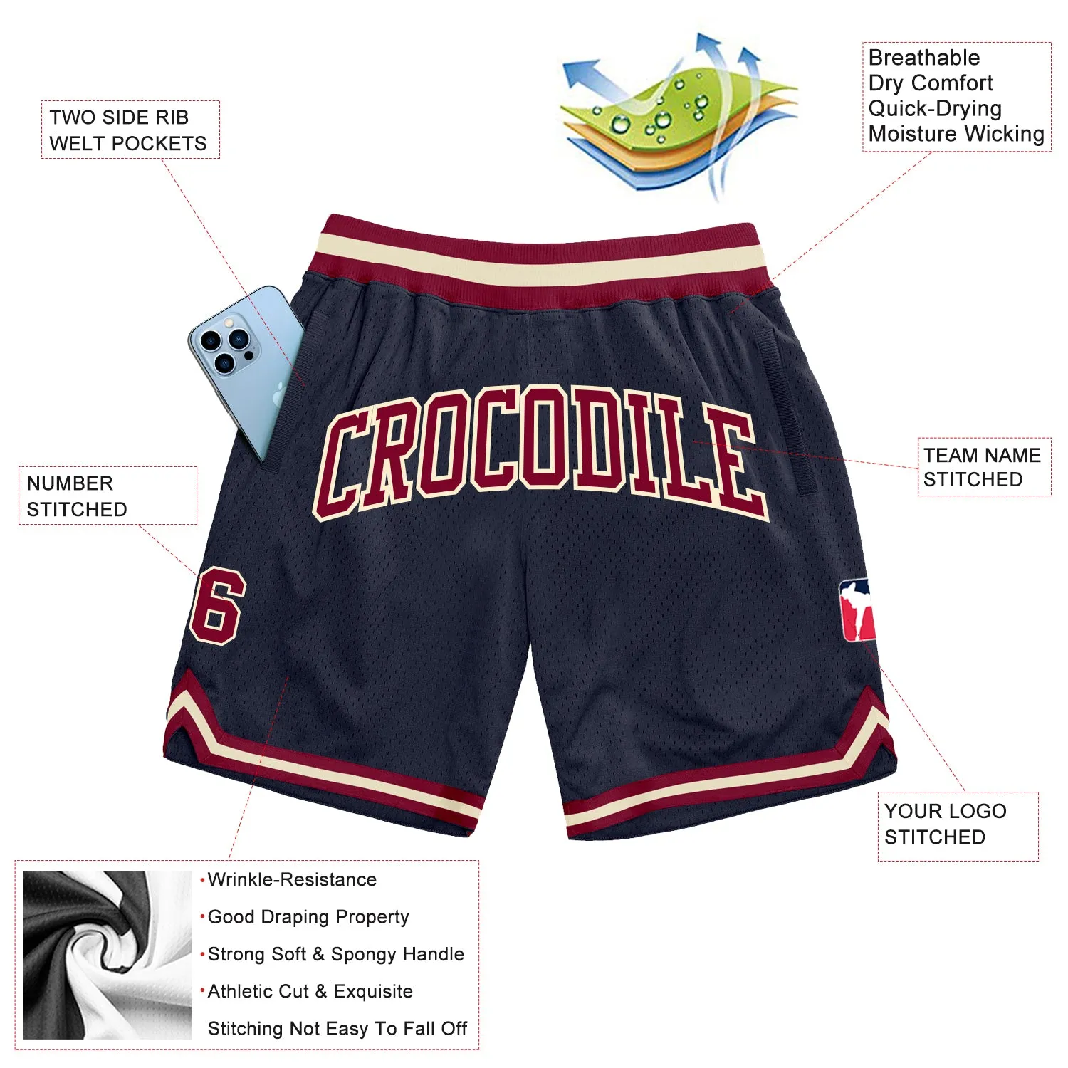 Custom Navy Maroon-Cream Authentic Throwback Basketball Shorts