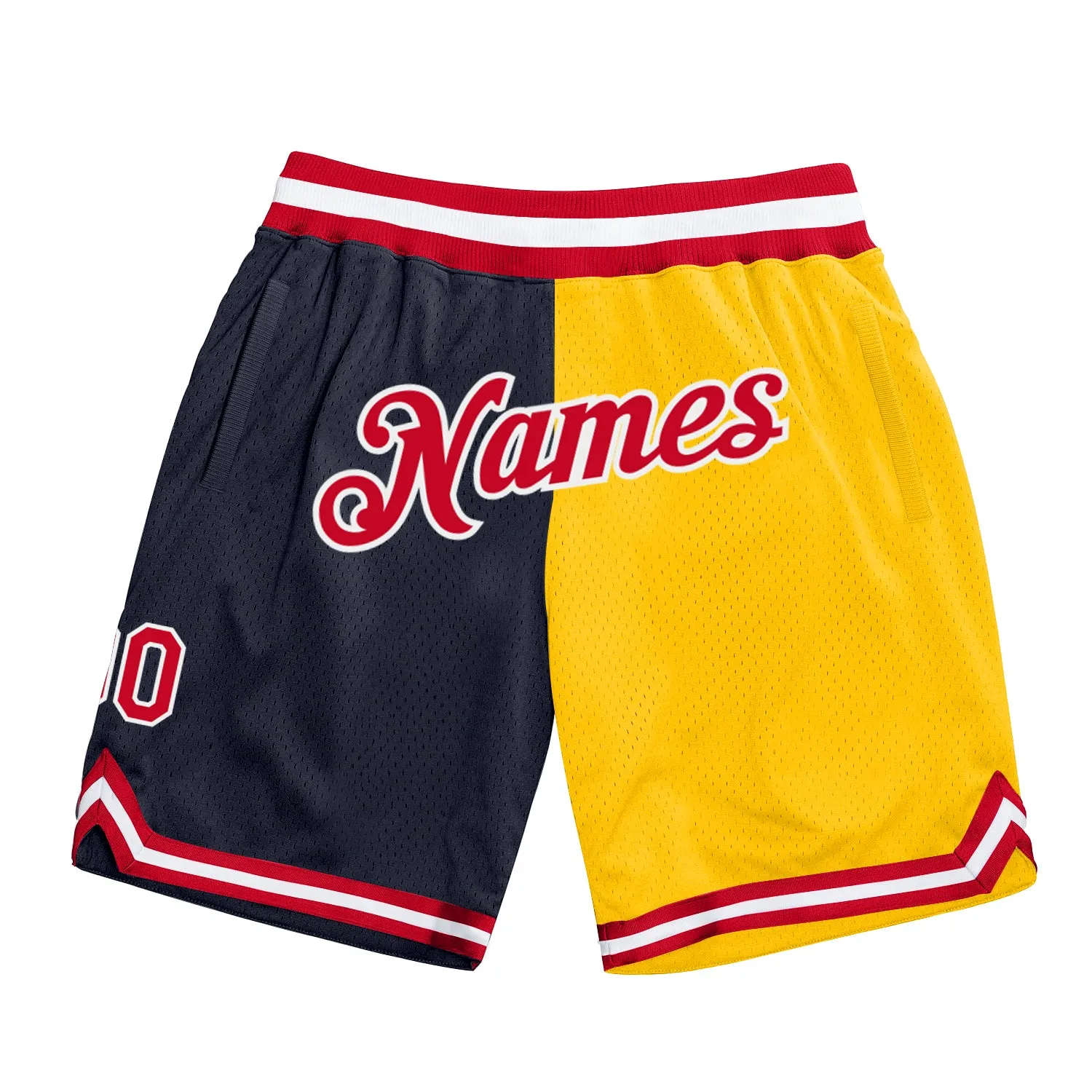 Custom Navy Red-Gold Authentic Throwback Split Fashion Basketball Shorts