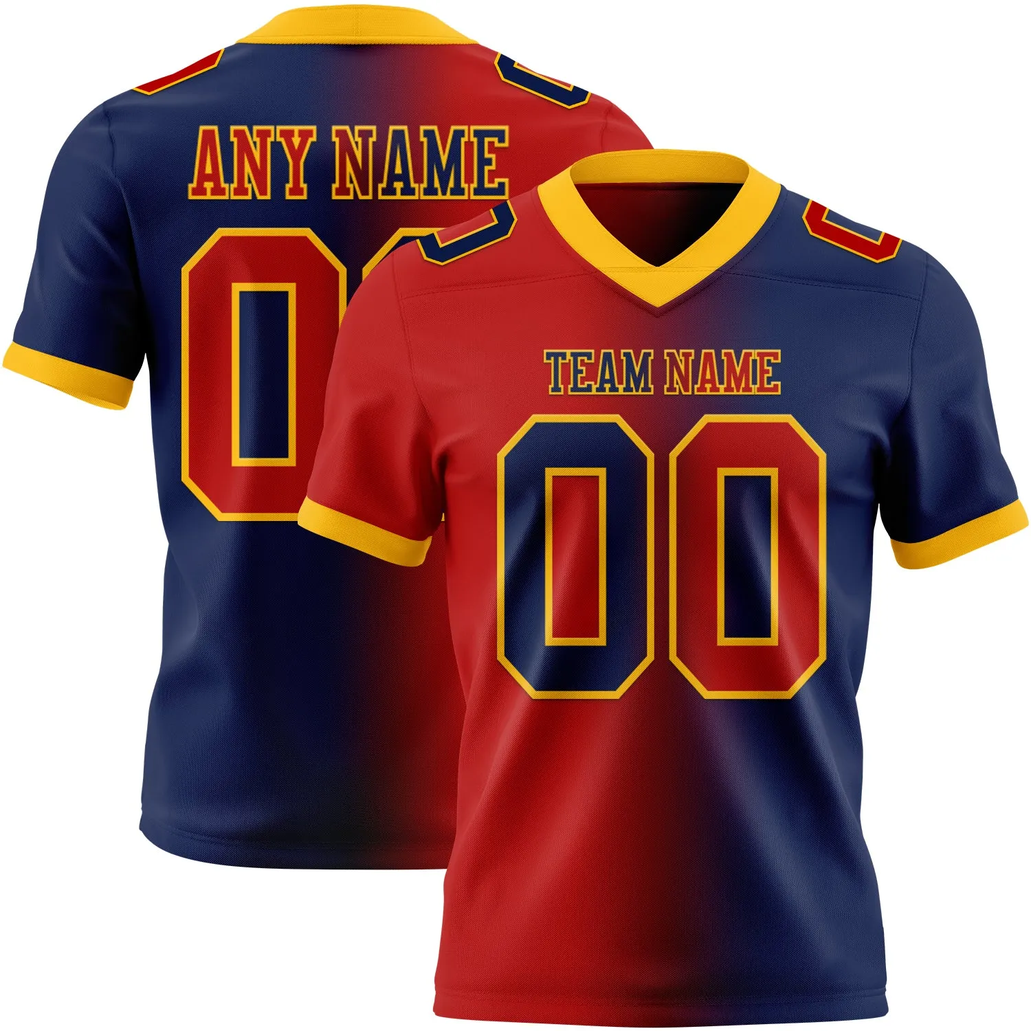 Custom Navy Red-Gold Mesh Authentic Gradient Fashion Football Jersey