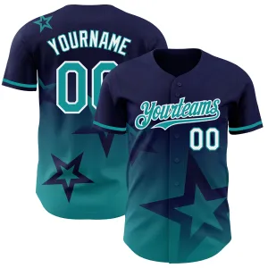 Custom Navy Teal-White 3D Pattern Design Gradient Style Twinkle Star Authentic Baseball Jersey