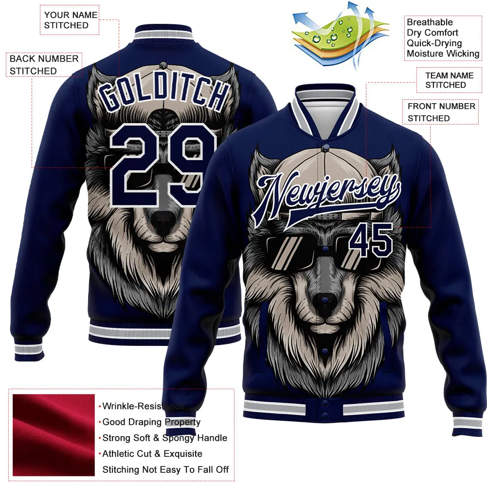 Custom Navy White-Gray Wolf 3D Pattern Design Bomber Full-Snap Varsity Letterman Jacket