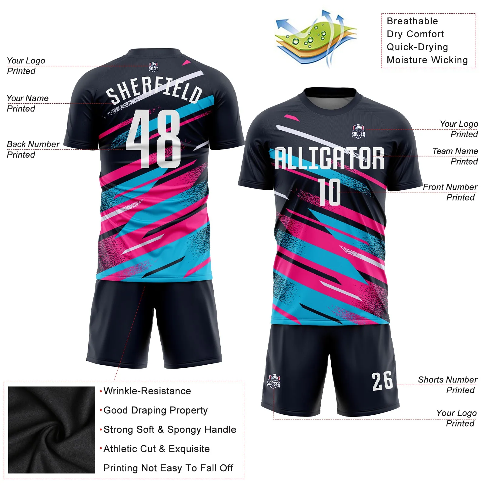 Custom Navy White Pink-Light Blue Sublimation Soccer Uniform Jersey