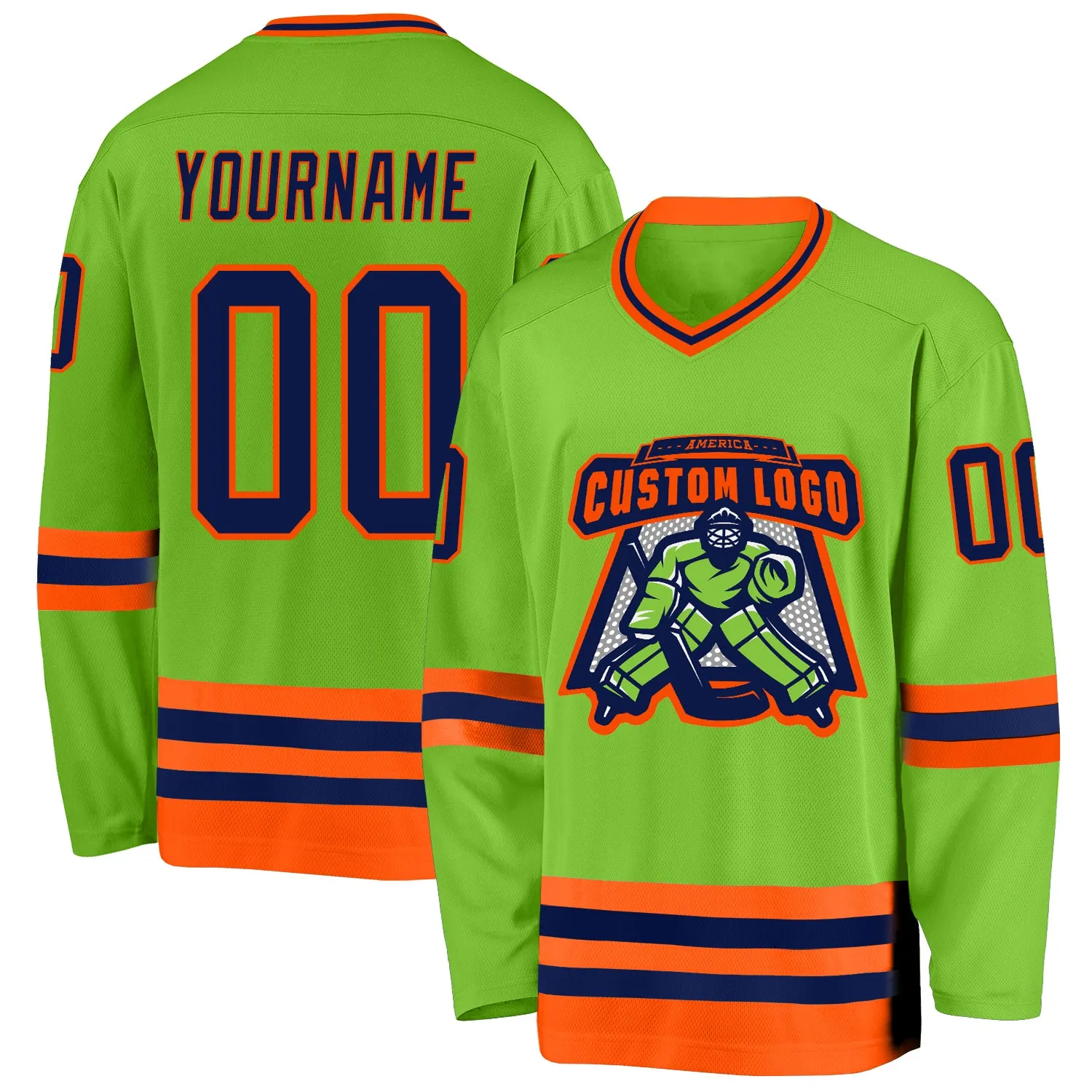 Custom Neon Green Navy-Orange Hockey Jersey