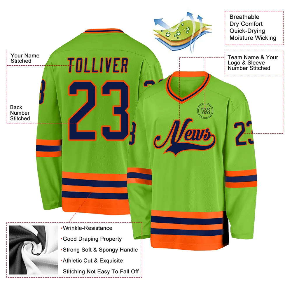 Custom Neon Green Navy-Orange Hockey Jersey