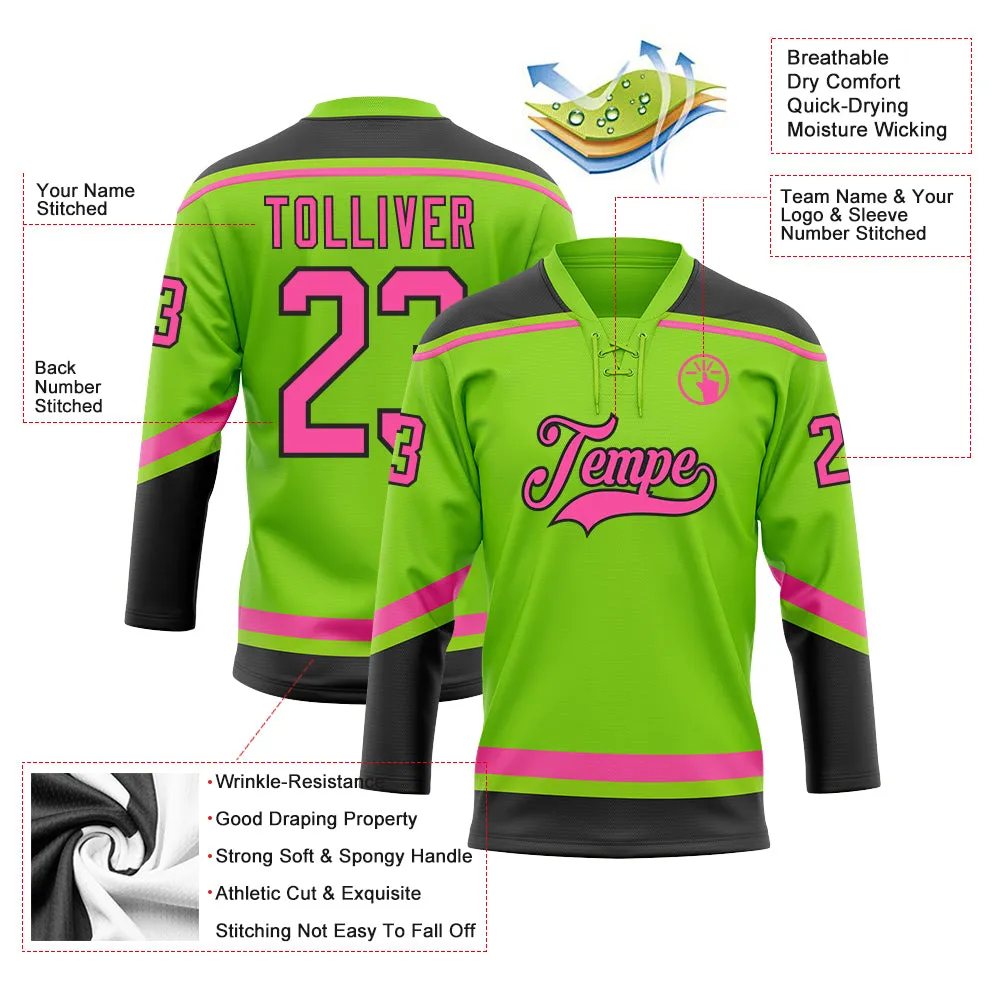 Custom Neon Green Pink-Black Hockey Lace Neck Jersey