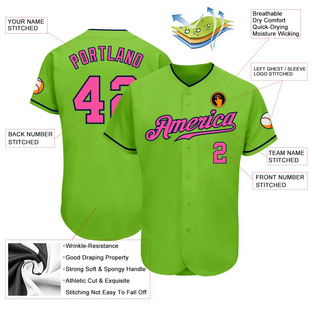 Custom Neon Green Pink-Navy Authentic Baseball Jersey