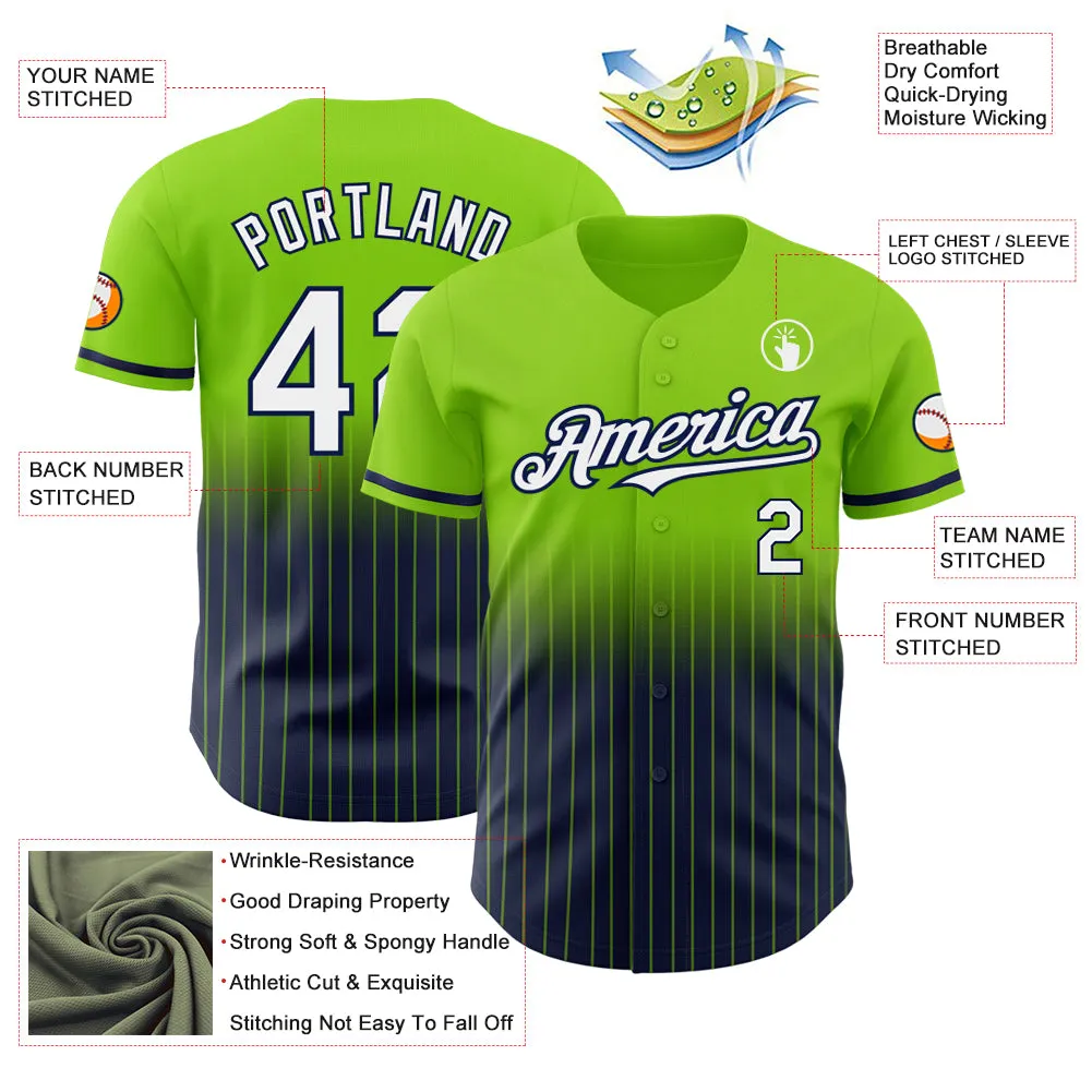 Custom Neon Green Pinstripe White-Navy Authentic Fade Fashion Baseball Jersey