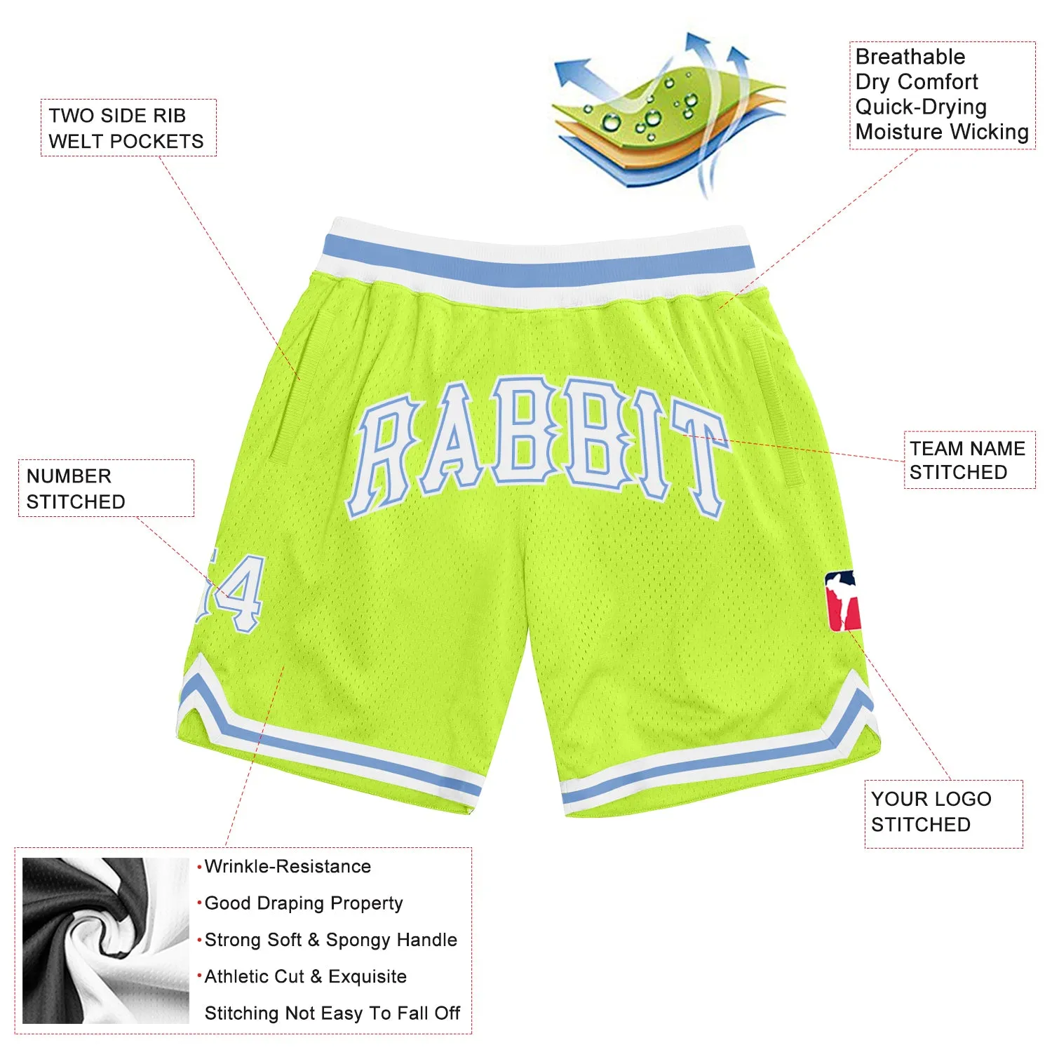 Custom Neon Green White-Light Blue Authentic Throwback Basketball Shorts