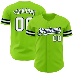 Custom Neon Green White-Navy Authentic Baseball Jersey