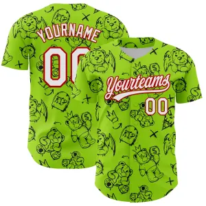 Custom Neon Green White-Red 3D Pattern Halloween Authentic Baseball Jersey