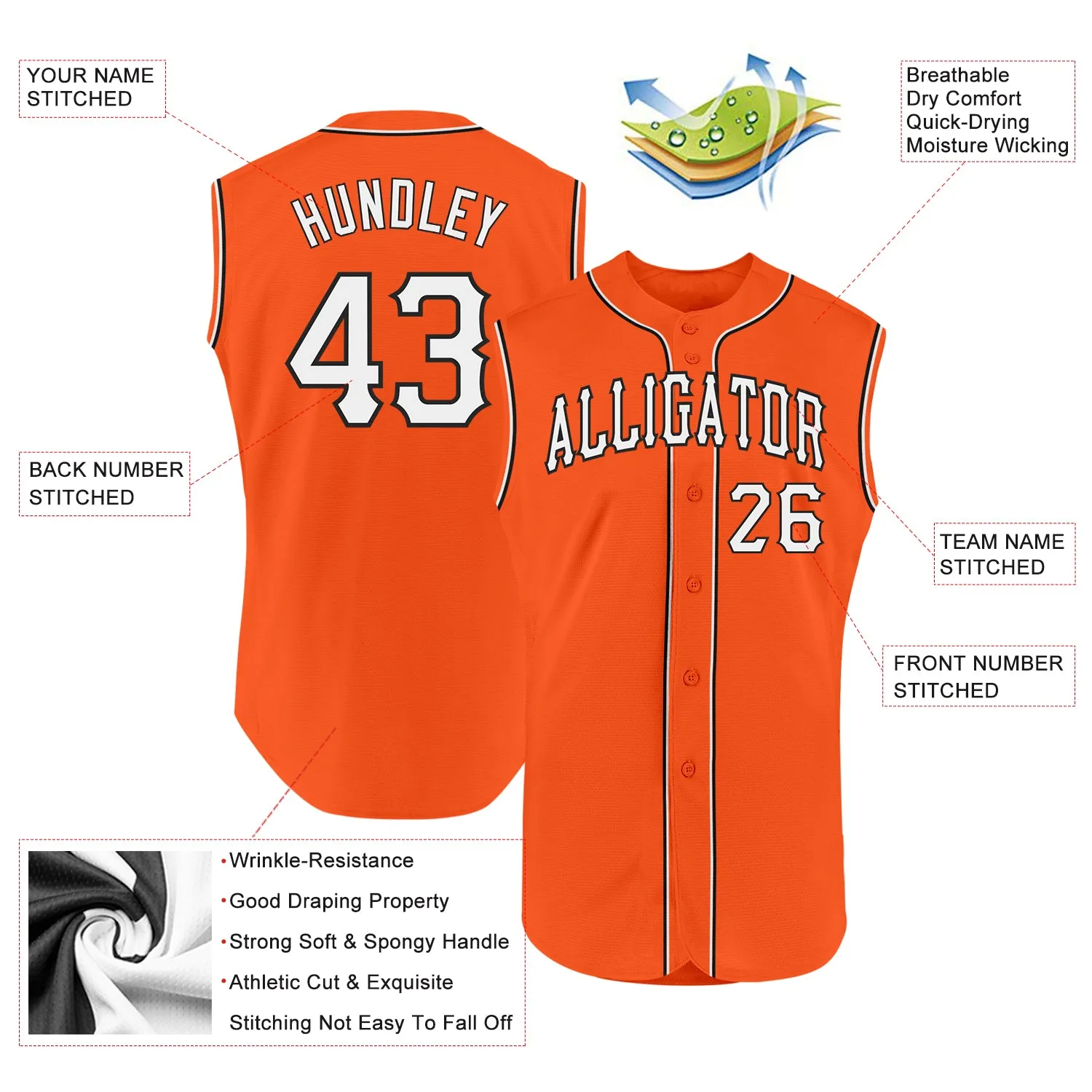 Custom Orange White-Black Authentic Sleeveless Baseball Jersey