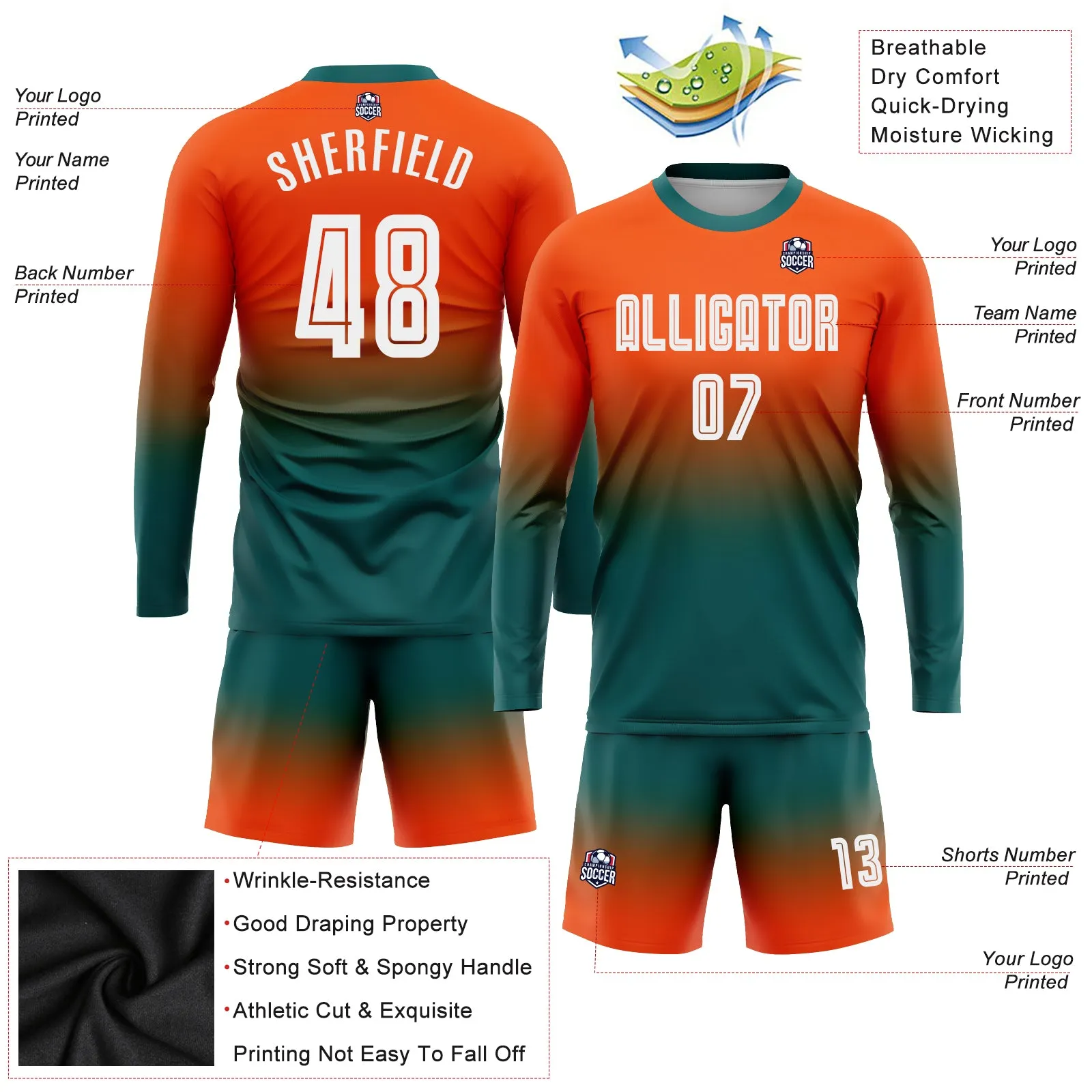 Custom Orange White-Teal Sublimation Long Sleeve Fade Fashion Soccer Uniform Jersey