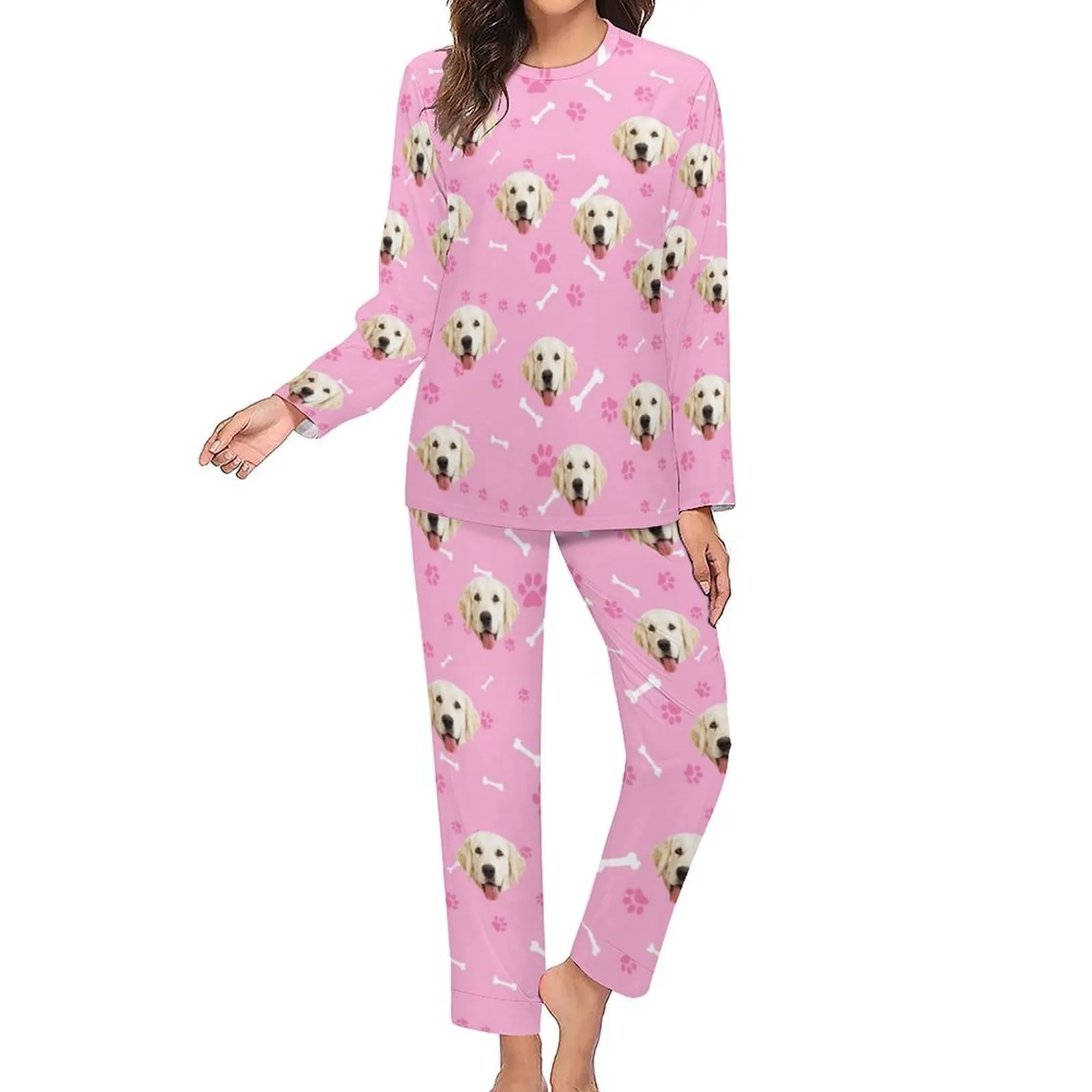 Custom Pet Dog's Face Bone & Footprint Sleepwear Personalized Women's Slumber Party Crewneck Long Pajamas Set