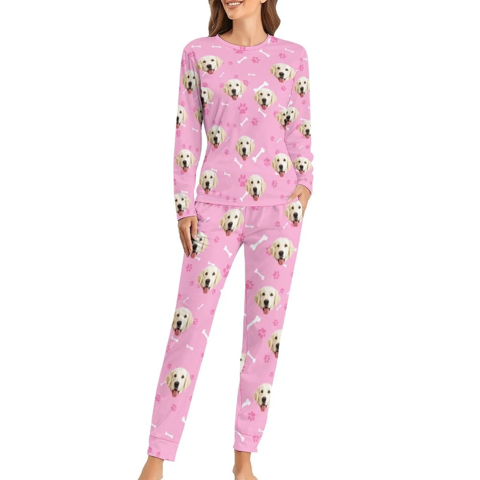 Custom Pet Dog's Face Bone & Footprint Sleepwear Personalized Women's Slumber Party Crewneck Long Pajamas Set