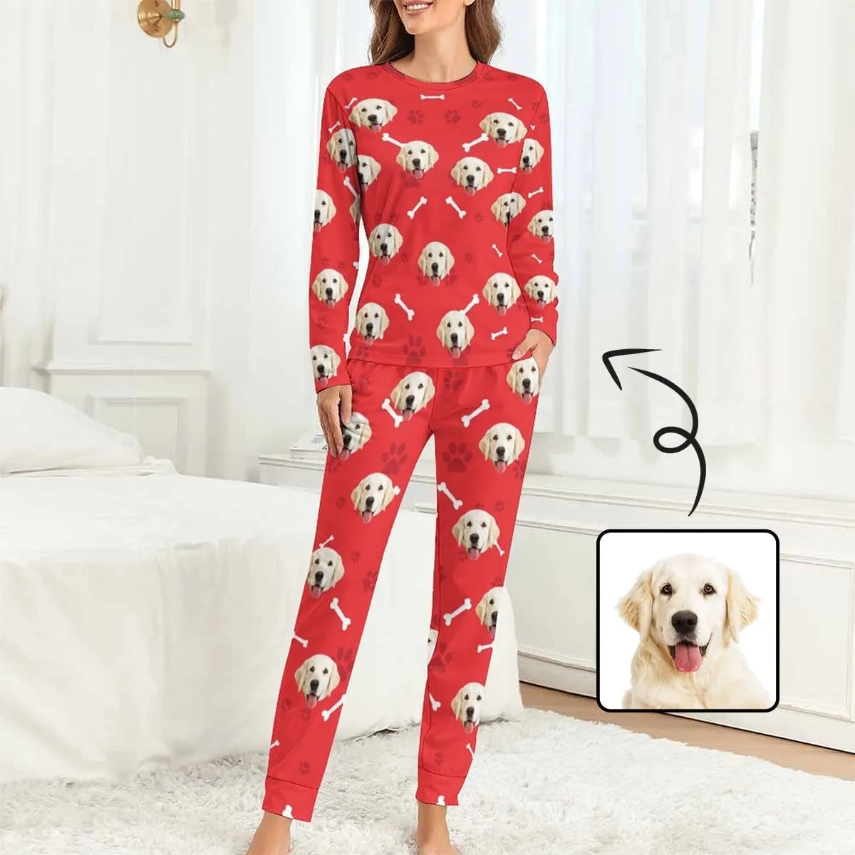 Custom Pet Dog's Face Bone & Footprint Sleepwear Personalized Women's Slumber Party Crewneck Long Pajamas Set