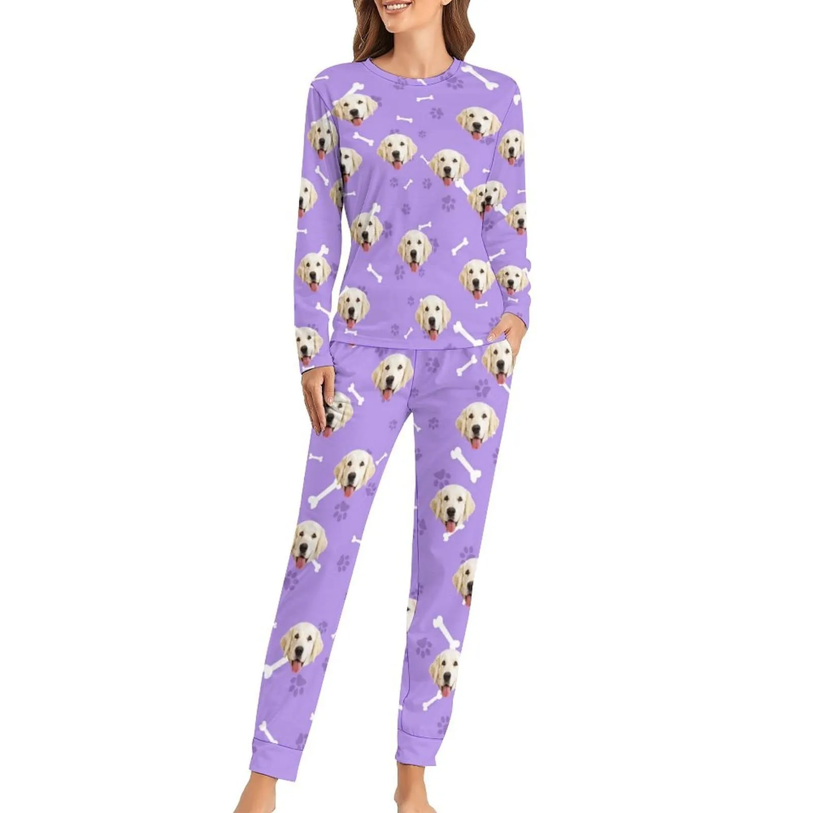 Custom Pet Dog's Face Bone & Footprint Sleepwear Personalized Women's Slumber Party Crewneck Long Pajamas Set