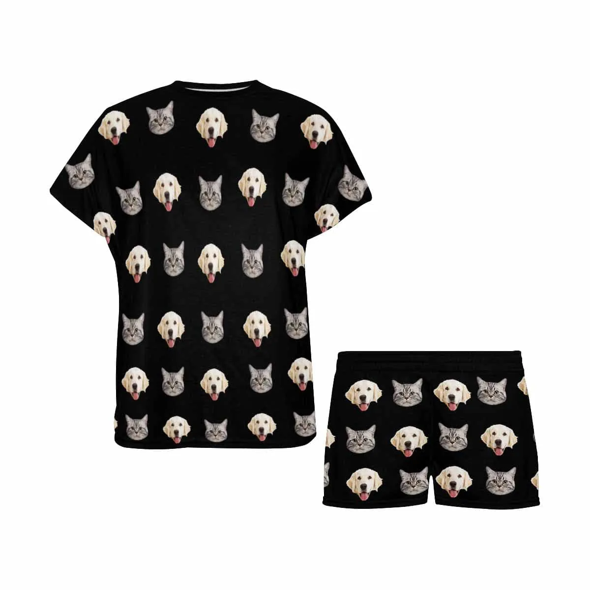 Custom Pet Face Couple Pajamas Personalized Dog&Cat Couple Matching Crew Neck Short Pajama Set