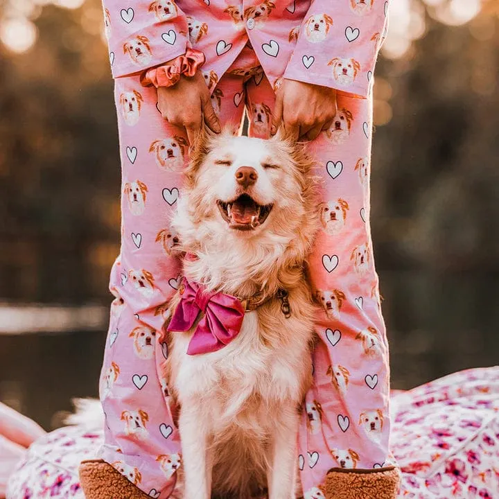 Custom Pet Face Love Heart Shape Couple Sleepwear Women's Lightweight Long Pajama Set Men's Sleepwear - Pink