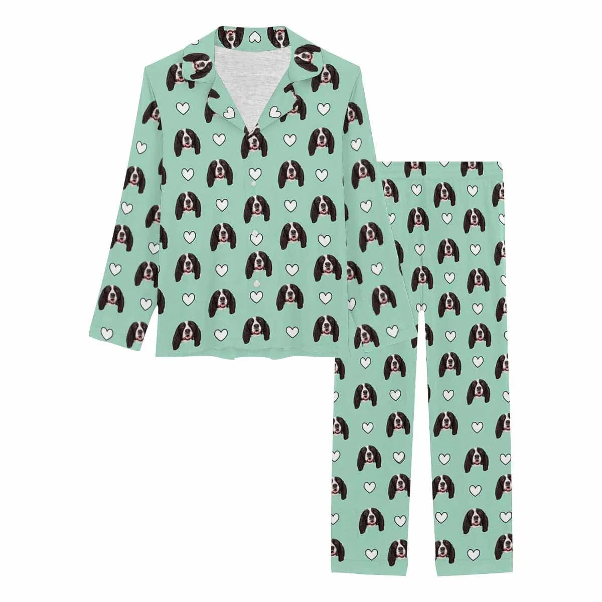 Custom Pet Face Love Heart Shape Couple Sleepwear Women's Lightweight Long Pajama Set Men's Sleepwear - Pink