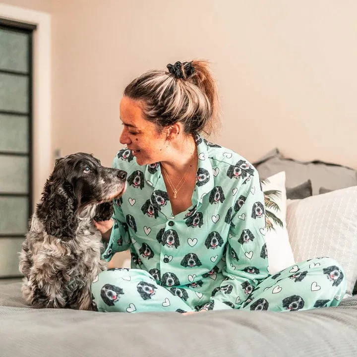 Custom Pet Face Love Heart Shape Couple Sleepwear Women's Lightweight Long Pajama Set Men's Sleepwear - Pink