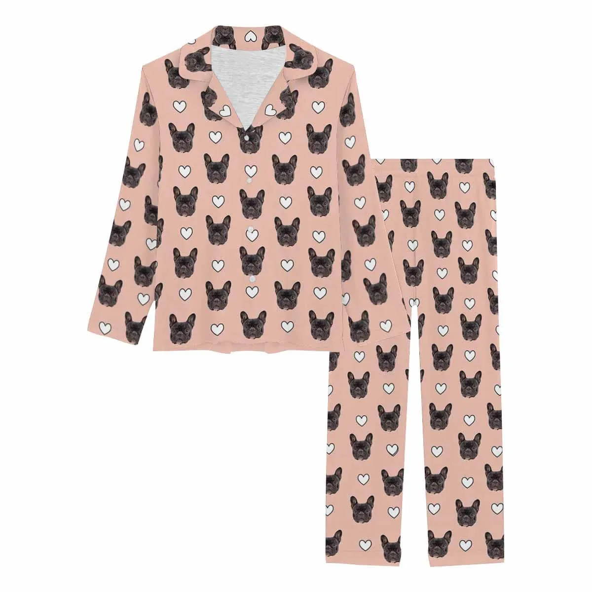 Custom Pet Face Love Heart Shape Couple Sleepwear Women's Lightweight Long Pajama Set Men's Sleepwear - Pink