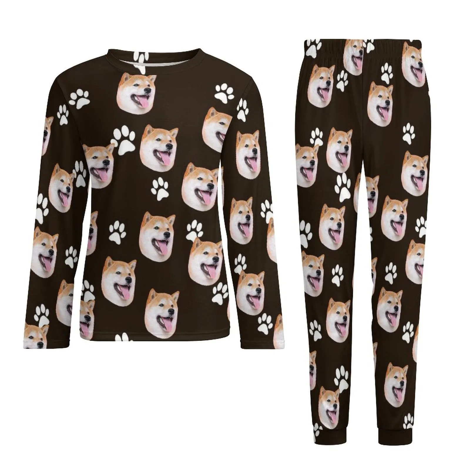 Custom Pet's Face Black Nightwear Long Sleeve Pjs for Him Personalized Photo Men's Pajamas