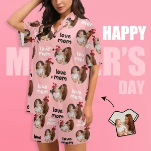 Custom Photo Love MOM Women's V-Neck Short Pajama Set Mother's Day & Birthday Gift