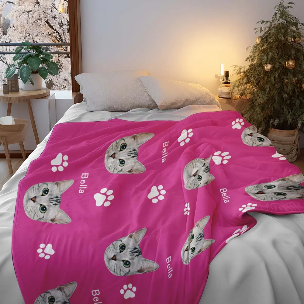 Custom Photo Name Blankets Custom Christmas Blankets Personalised Photo Fleece Blanket - Cute Pet Paw Prints