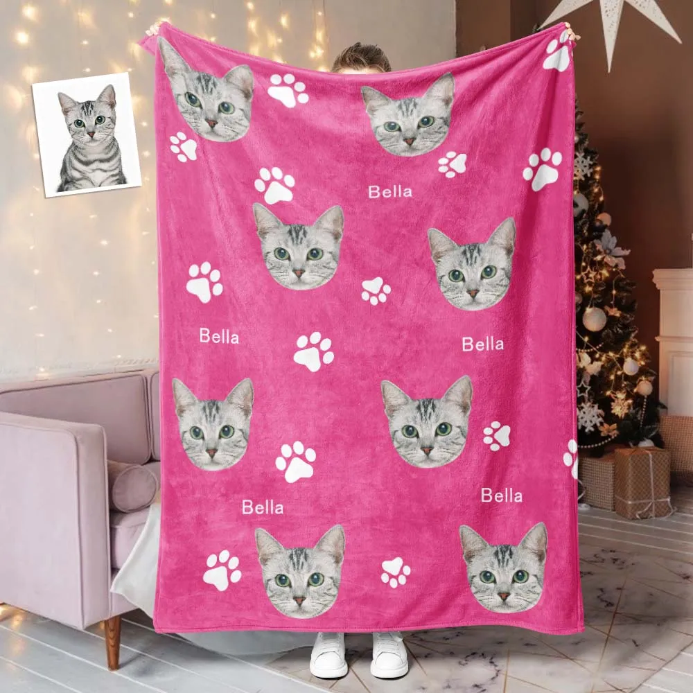 Custom Photo Name Blankets Custom Christmas Blankets Personalised Photo Fleece Blanket - Cute Pet Paw Prints