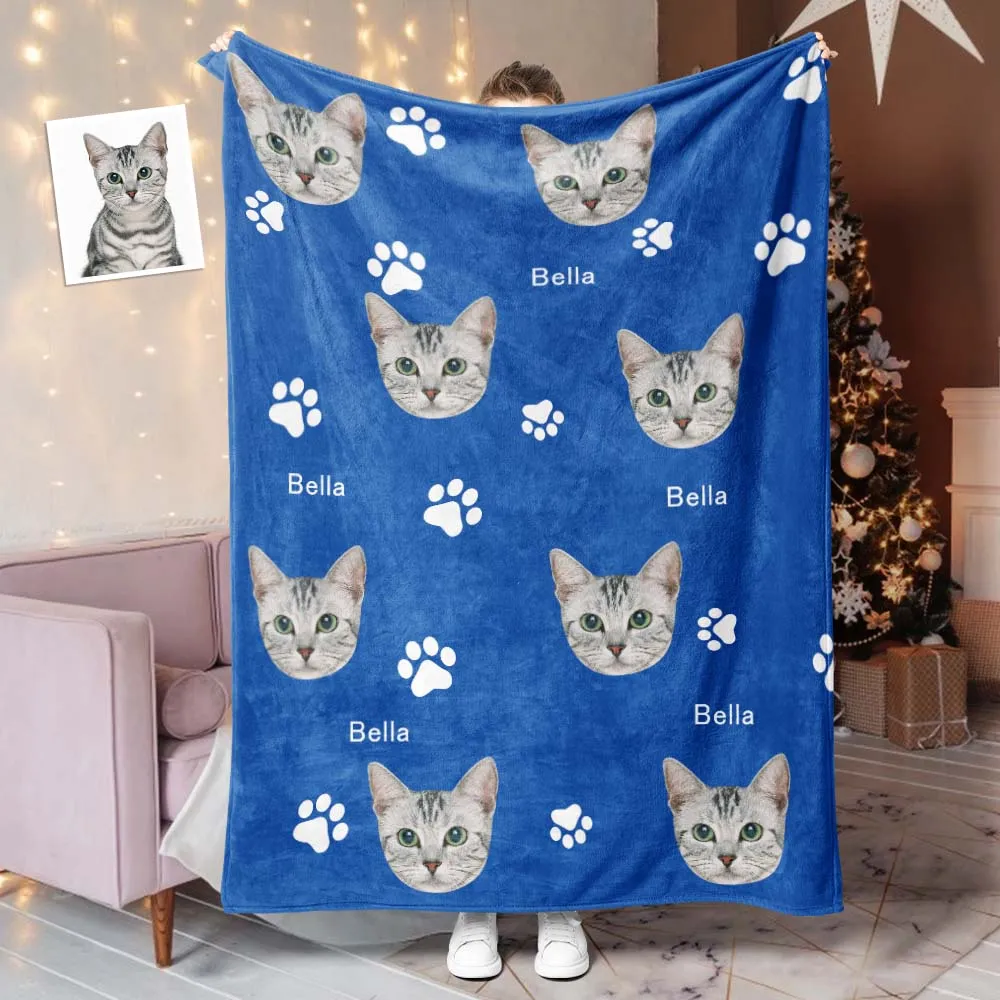 Custom Photo Name Blankets Custom Christmas Blankets Personalised Photo Fleece Blanket - Cute Pet Paw Prints