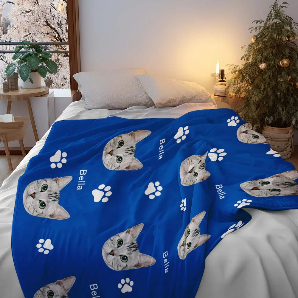 Custom Photo Name Blankets Custom Christmas Blankets Personalised Photo Fleece Blanket - Cute Pet Paw Prints