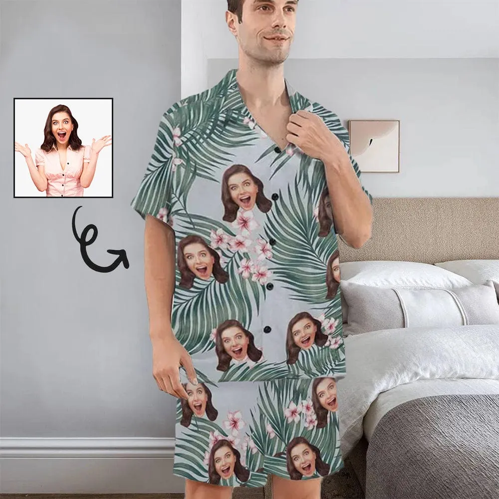 Custom Photo Pajamas Flower&Leaves Summer Loungewear Personalized Men's V-Neck Short Sleeve Pajama Set