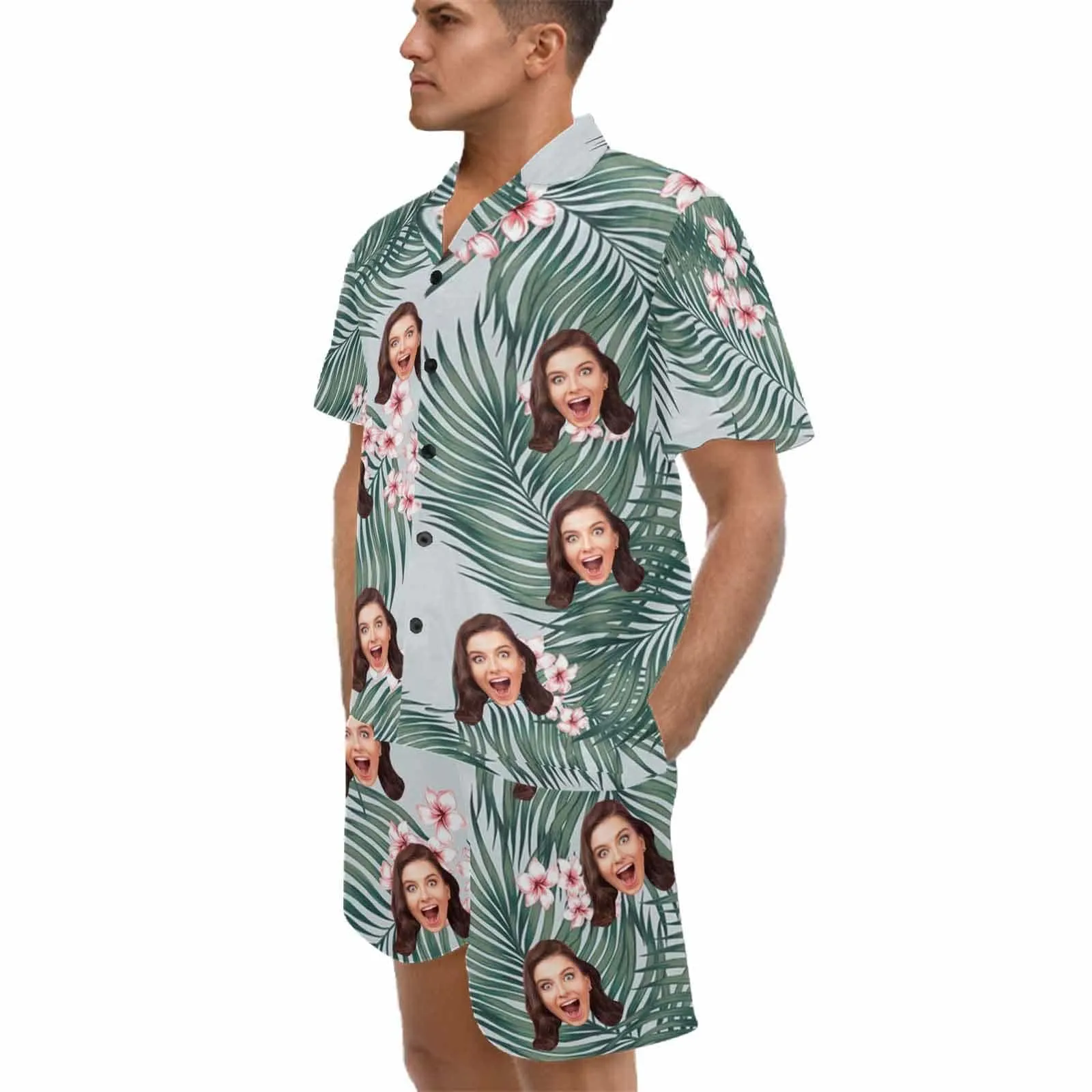 Custom Photo Pajamas Flower&Leaves Summer Loungewear Personalized Men's V-Neck Short Sleeve Pajama Set