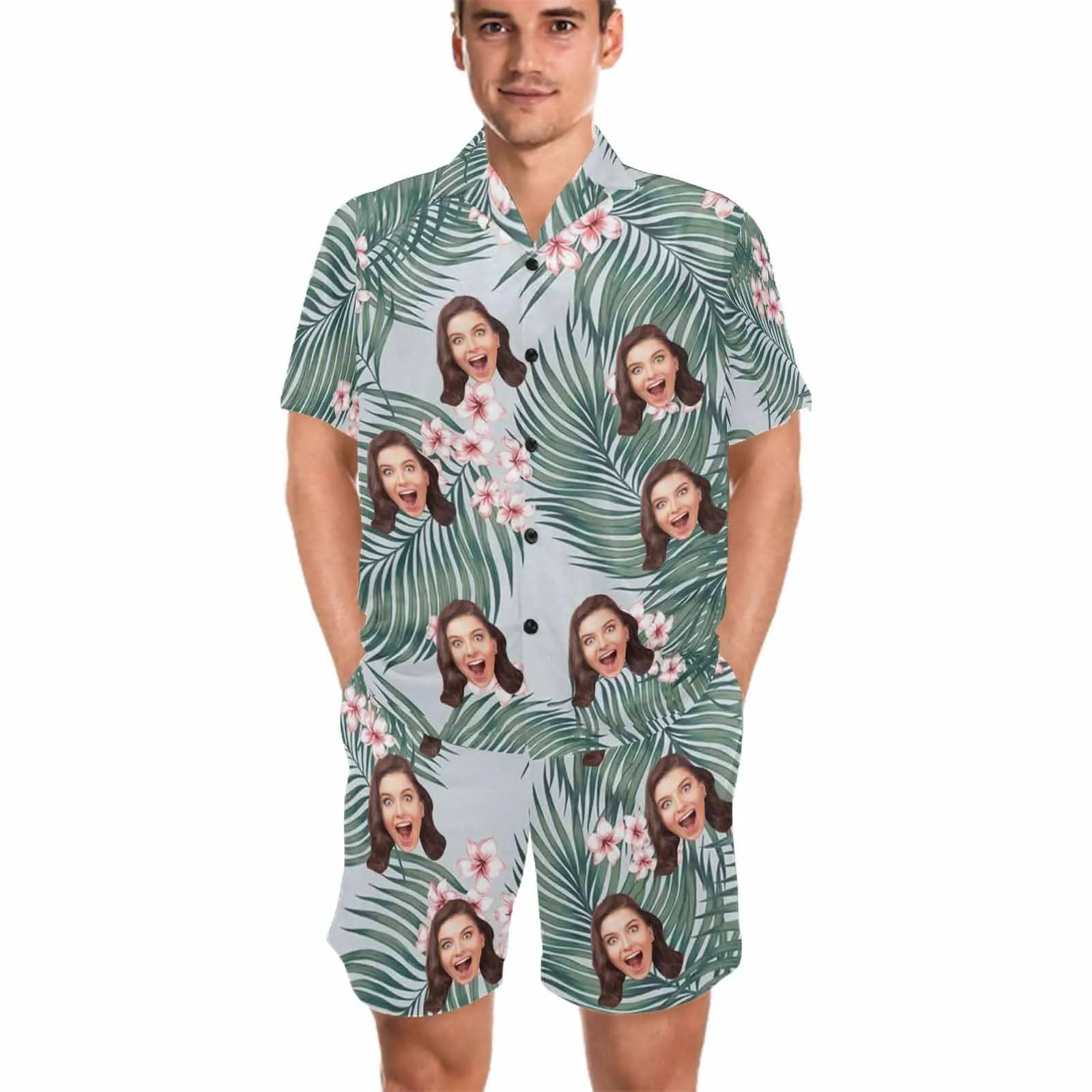 Custom Photo Pajamas Flower&Leaves Summer Loungewear Personalized Men's V-Neck Short Sleeve Pajama Set