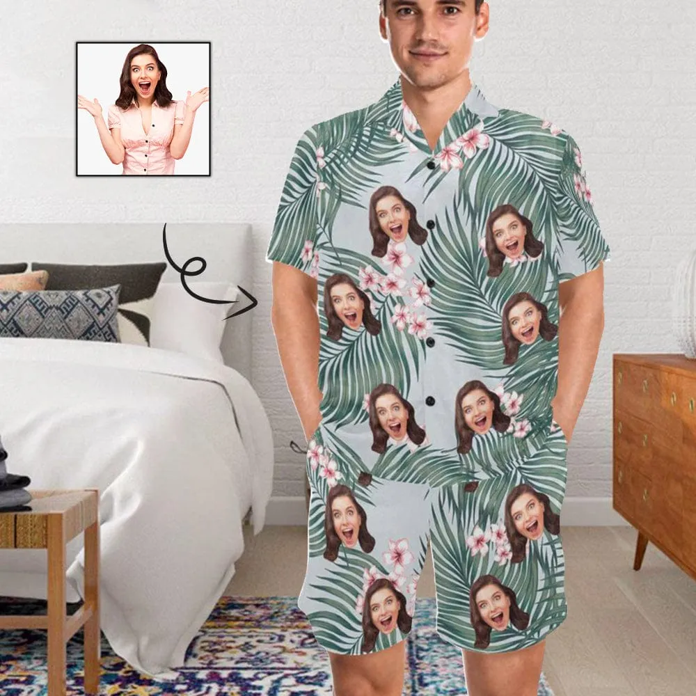 Custom Photo Pajamas Flower&Leaves Summer Loungewear Personalized Men's V-Neck Short Sleeve Pajama Set