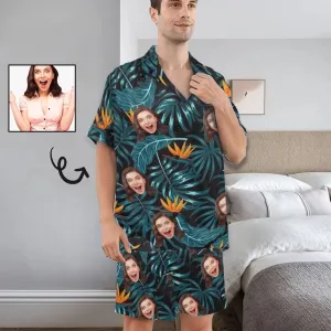 Custom Photo Pajamas Palm Leaves Summer Loungewear Personalized Men's V-Neck Short Sleeve Pajama Set