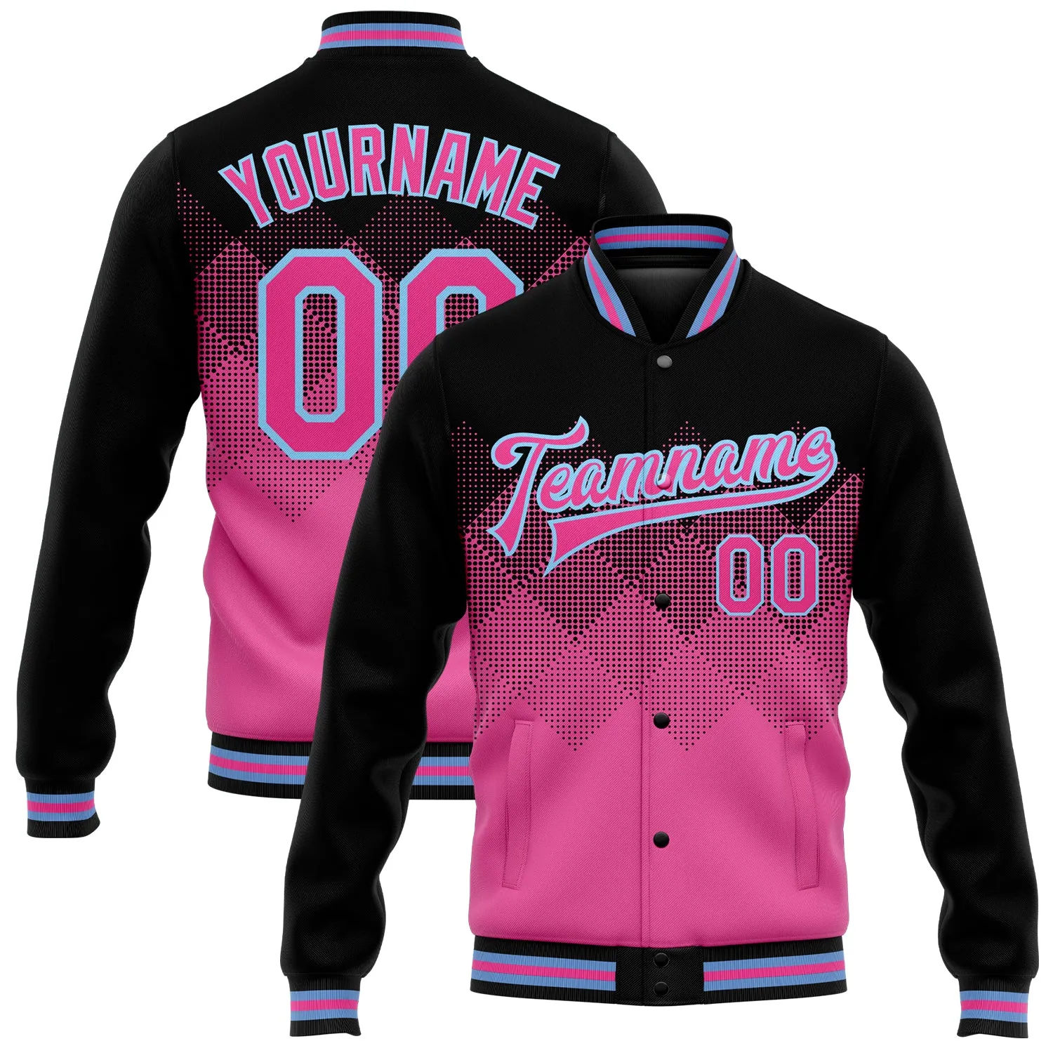 Custom Pink Light Blue-Black 3D Pattern Design Bomber Full-Snap Varsity Letterman Jacket