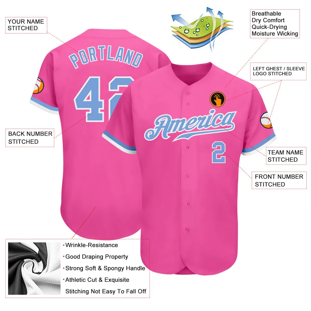 Custom Pink Light Blue-White Authentic Baseball Jersey