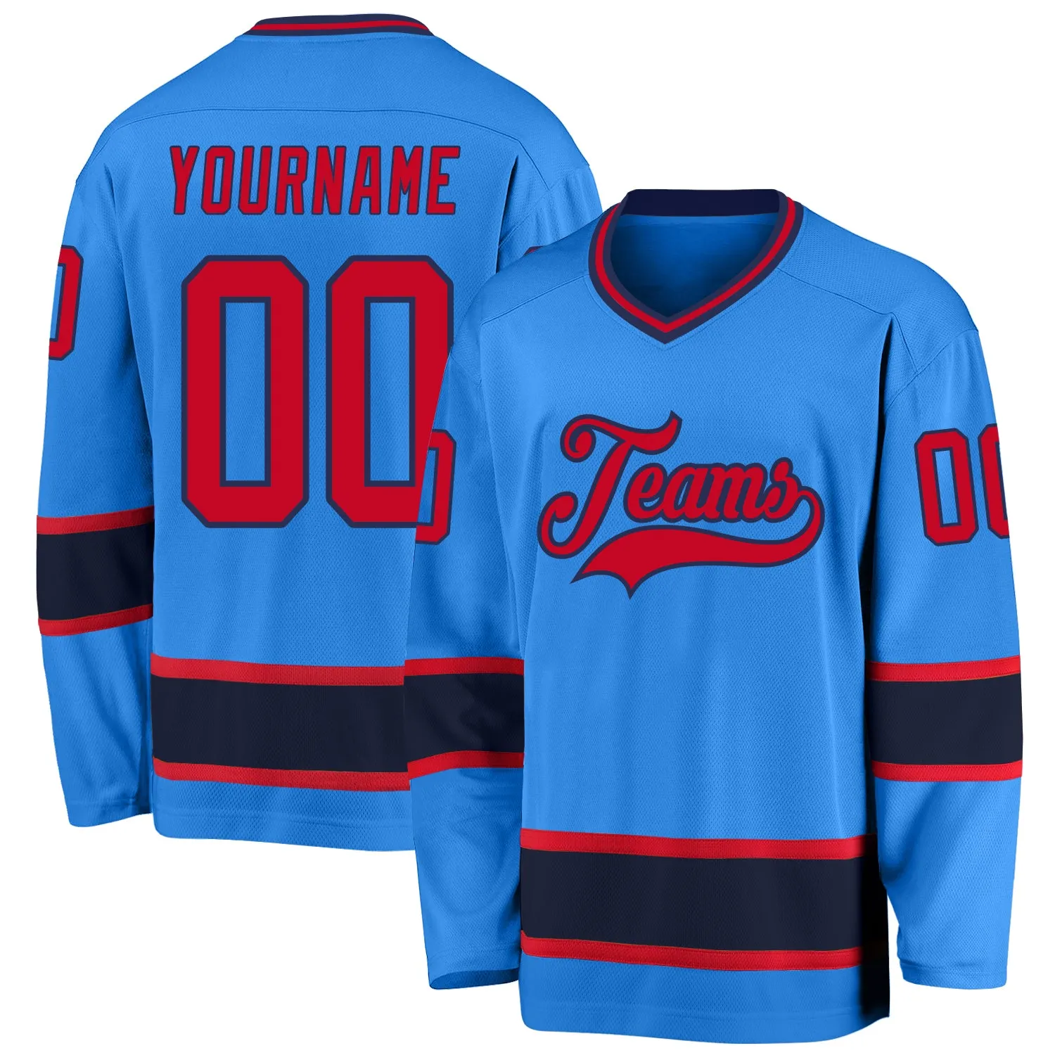 Custom Powder Blue Red-Navy Hockey Jersey