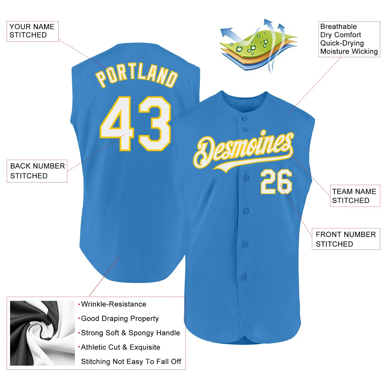 Custom Powder Blue White-Yellow Authentic Sleeveless Baseball Jersey