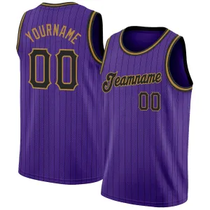 Custom Purple Black Pinstripe Black-Old Gold Authentic Basketball Jersey